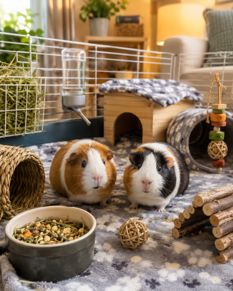 Two friendly guinea pigs sitting in a cozy indoor enclosure with fleece bedding, hay feeder, food bowl, water bottle, hideouts, tunnel, and chew toys for a beginner guide about keeping guinea pigs as pets.