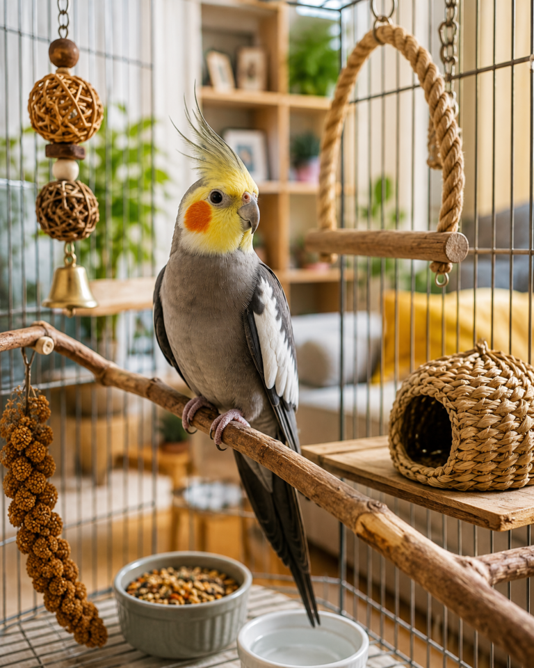 A friendly gray and yellow cockatiel perched inside a cozy home bird cage with natural perches, safe toys, a swing, food and water dishes for a beginner guide about keeping a cockatiel as a pet.