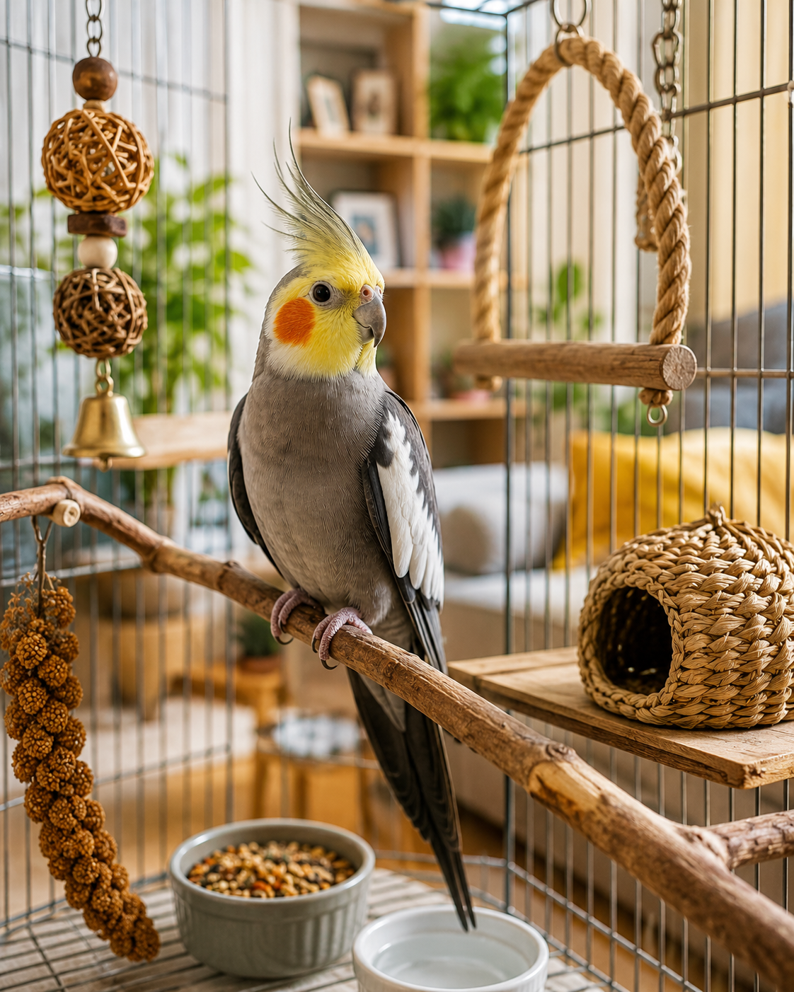 A friendly gray and yellow cockatiel perched inside a cozy home bird cage with natural perches, safe toys, a swing, food and water dishes for a beginner guide about keeping a cockatiel as a pet.