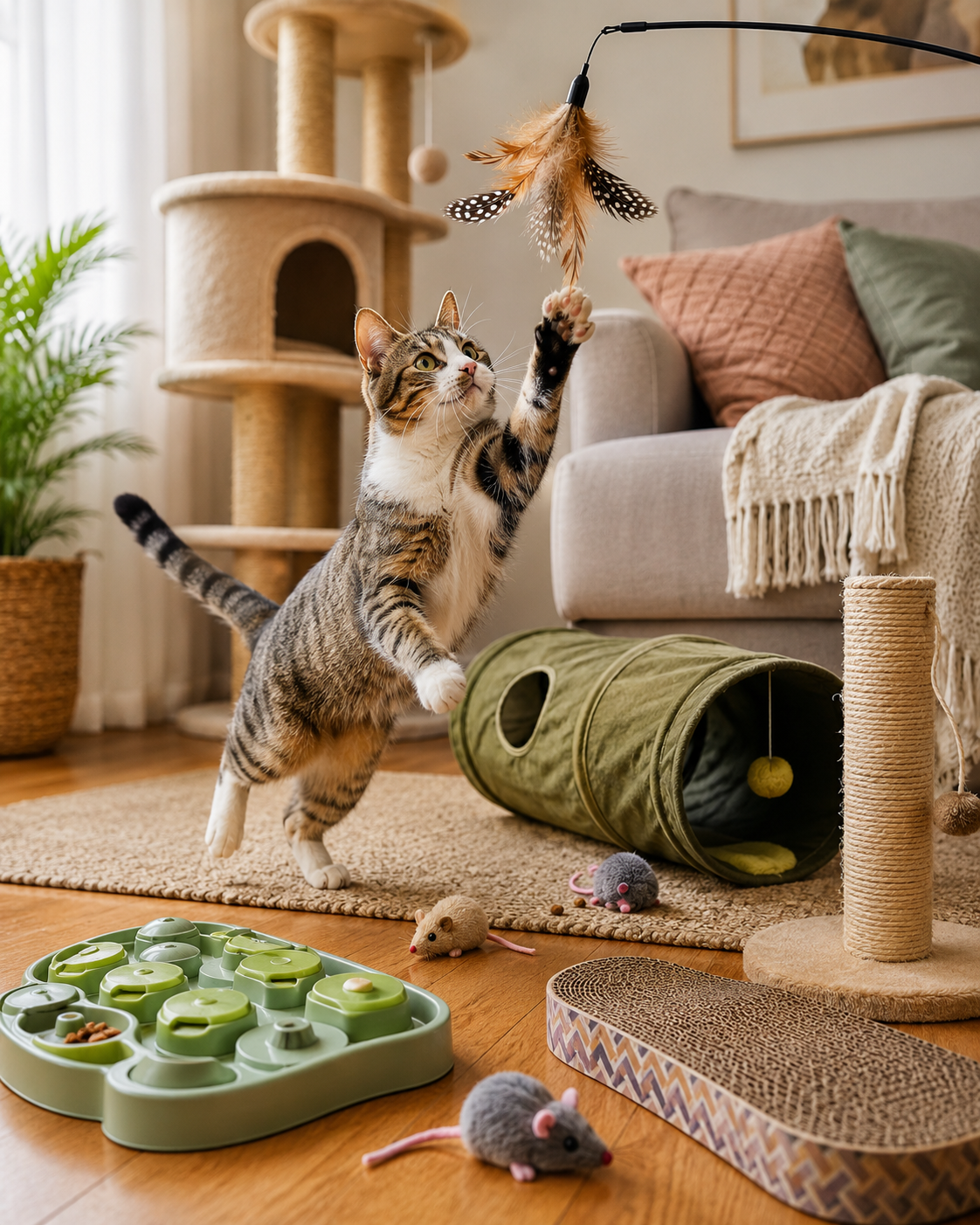 Generate a cozy, warm, realistic pet lifestyle image for an indoor cat toy guide. Show a playful domestic cat in a cozy living room interacting with cat toys. Include a feather wand toy, toy mice, cat tunnel, scratching post, cardboard scratcher, puzzle feeder, cat tree, and soft natural daylight from a nearby window. The cat should look active, curious, and playful. Realistic photography style, vertical 4:5 composition, no text, no logos, no hands, no medical scene.