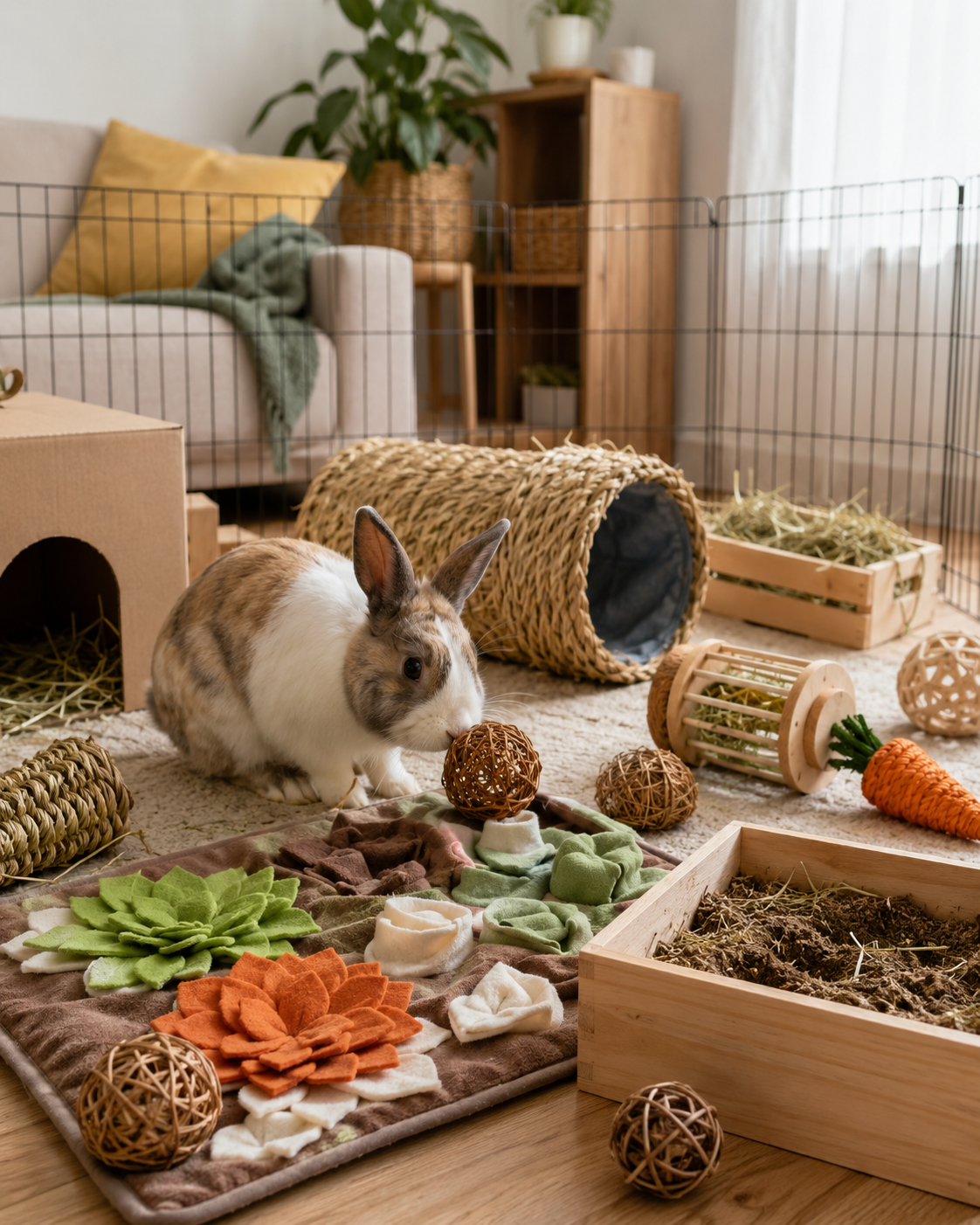 A playful indoor rabbit exploring a cozy living room play area with chew toys, willow balls, tunnel, cardboard hideout, hay toys, digging box, foraging toy, activity mat, and exercise pen for a guide about the best rabbit toys for indoor rabbits.