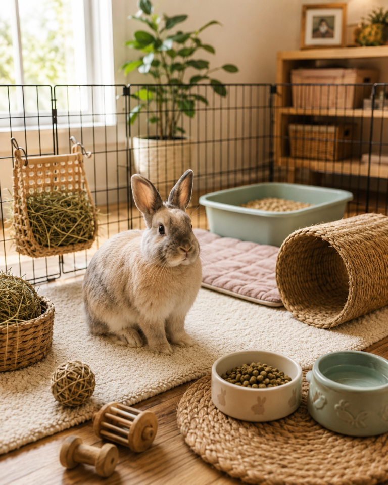 A soft domestic rabbit sitting in a cozy indoor setup with an exercise pen, litter box, hay feeder, food and water bowls, chew toys, tunnel, and soft mat for a beginner guide about keeping a rabbit as a pet.