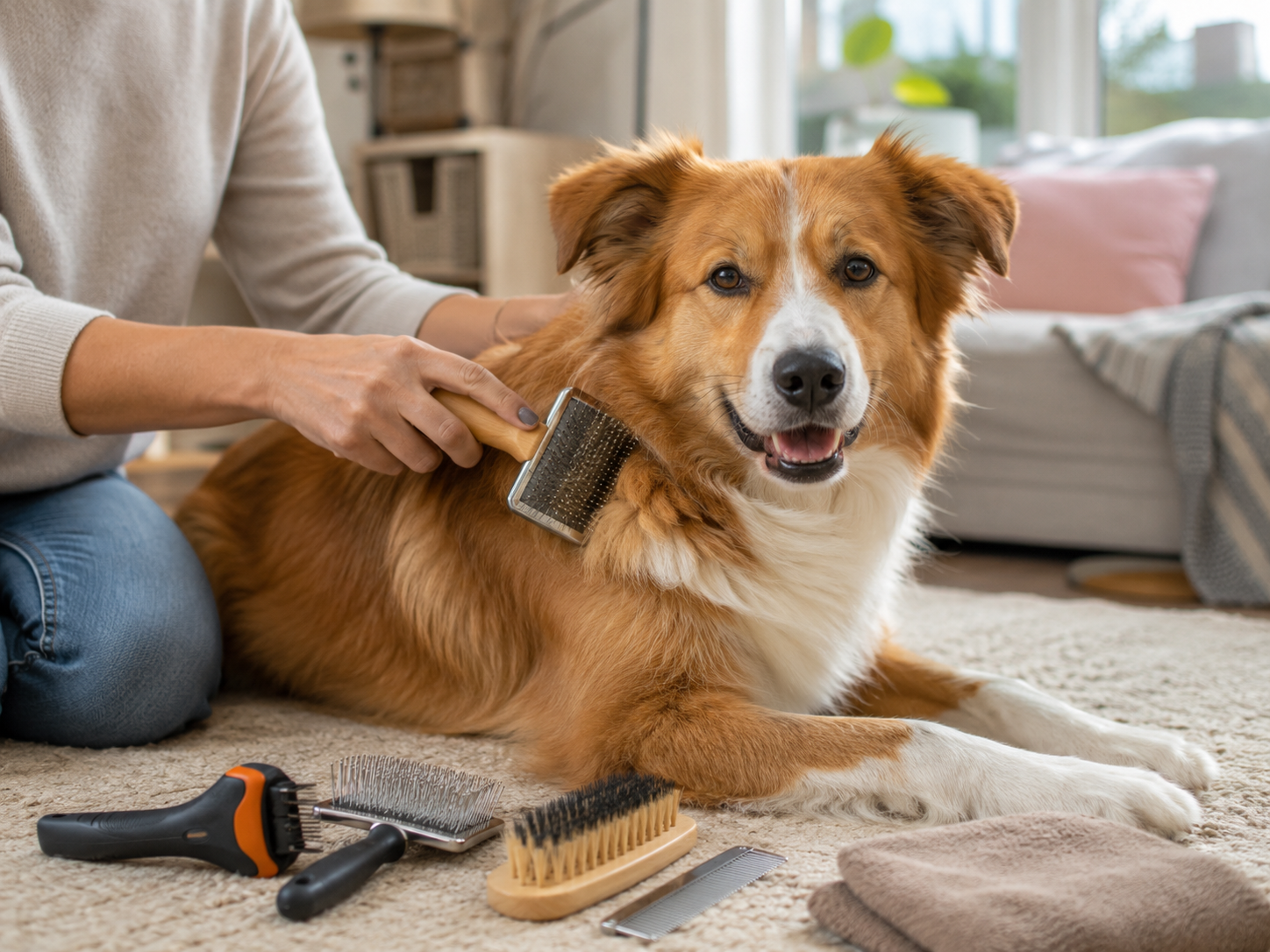 A happy dog being gently brushed at home with several grooming tools nearby, including a slicker brush, deshedding tool, bristle brush, pin brush, comb, and towel for a guide about the best dog brushes for shedding.