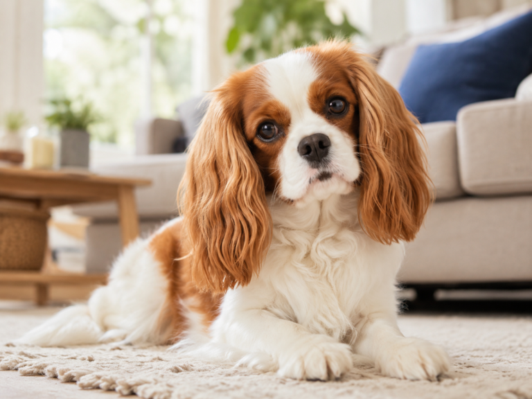 A Cavalier King Charles Spaniel lying on a cozy living room rug with silky ears and a gentle expression for a breed guide about whether this sweet small dog is right for you.
