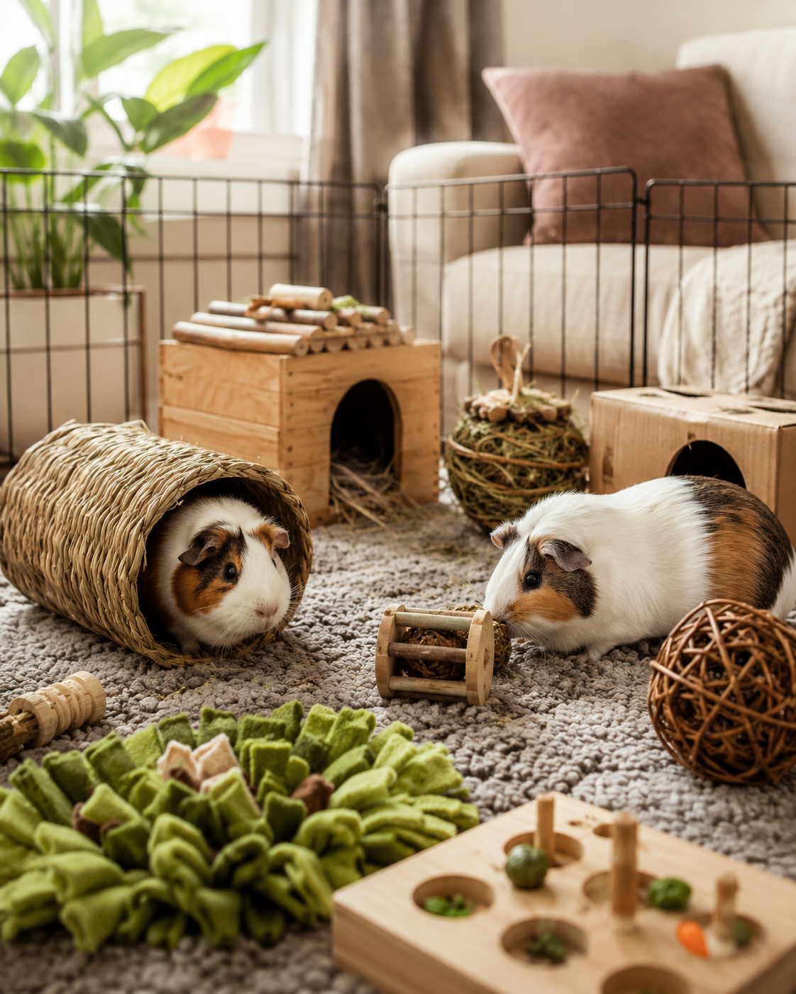 Two guinea pigs exploring a cozy indoor play area with tunnels, wooden hideouts, chew toys, hay toys, willow balls, fleece bedding, cardboard box, foraging toy, snuffle mat, and safe playpen for a guide about the best guinea pig toys.