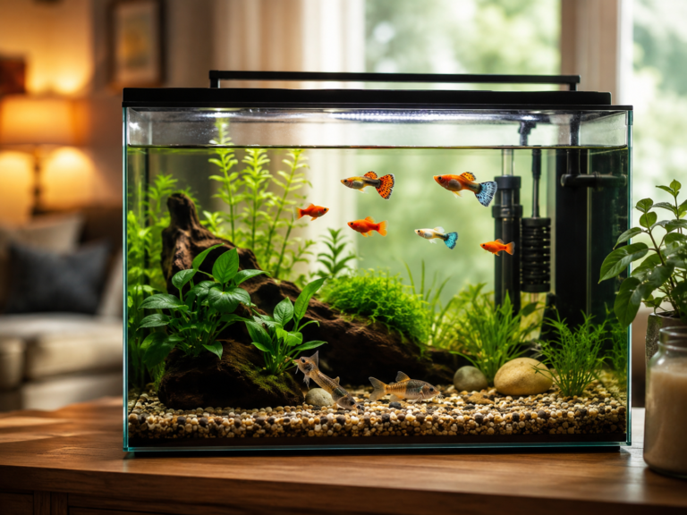 A cozy home aquarium with colorful beginner-friendly fish, live plants, gravel, driftwood, filter equipment, and warm natural light for a guide about the best pet fish for beginners.