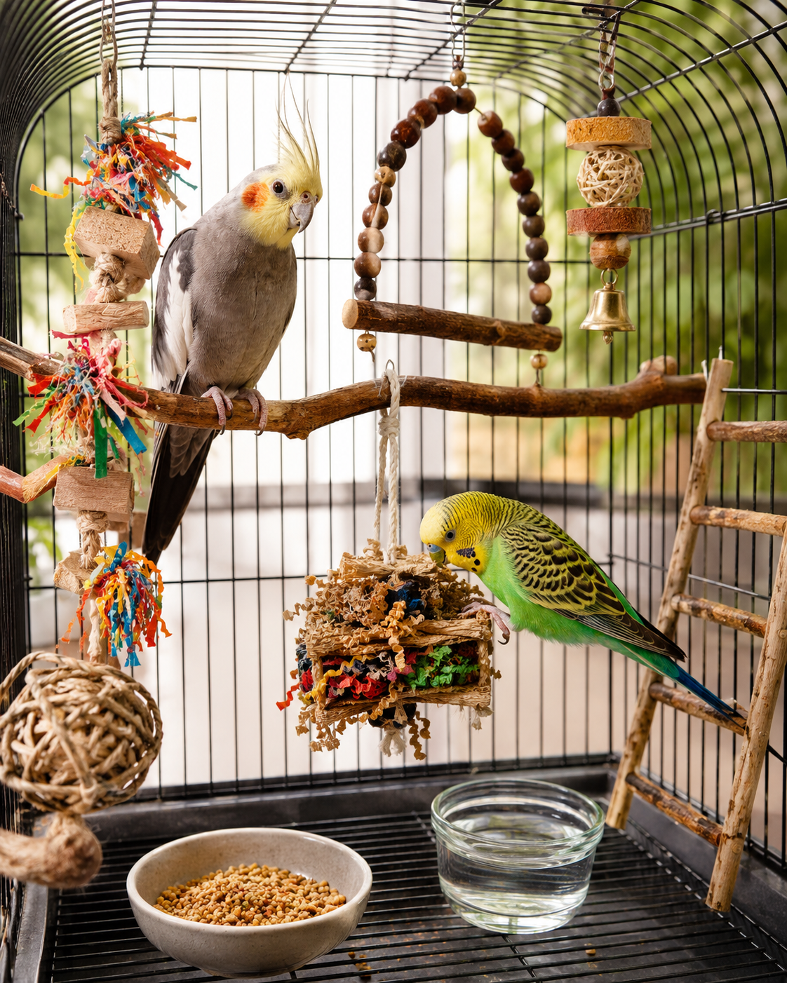 A cockatiel and a budgie inside a cozy home bird cage with shredding toys, swing, natural perches, ladder, bell toy, foraging toy, food and water dishes for a guide about the best bird toys for pet birds.