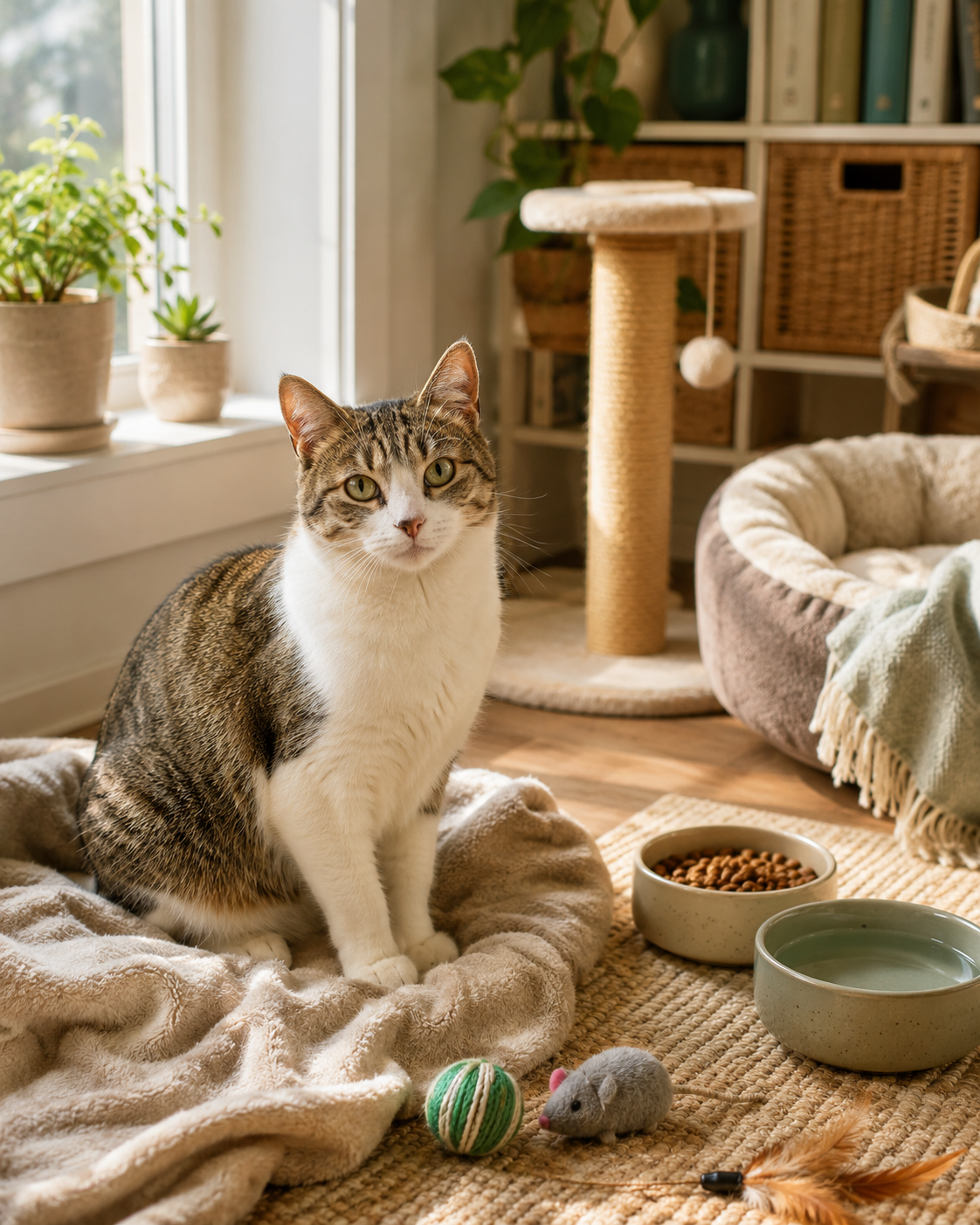 A calm domestic cat sitting on a soft blanket in a cozy living room with a scratching post, cat bed, food and water bowls, and toys for a beginner guide about keeping a cat as a pet.