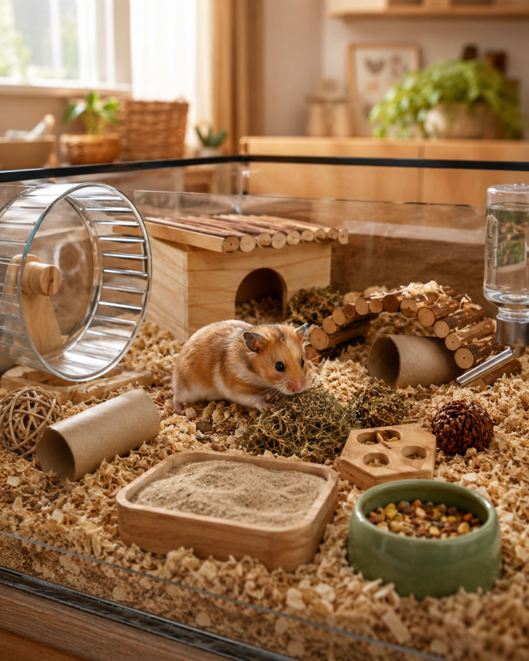 A cute hamster exploring a cozy indoor habitat with a safe wheel, tunnels, wooden hideout, chew toys, sand bath, digging area, wooden bridge, cardboard tube, foraging toy, deep bedding, food bowl, and water bottle for a guide about the best hamster toys.