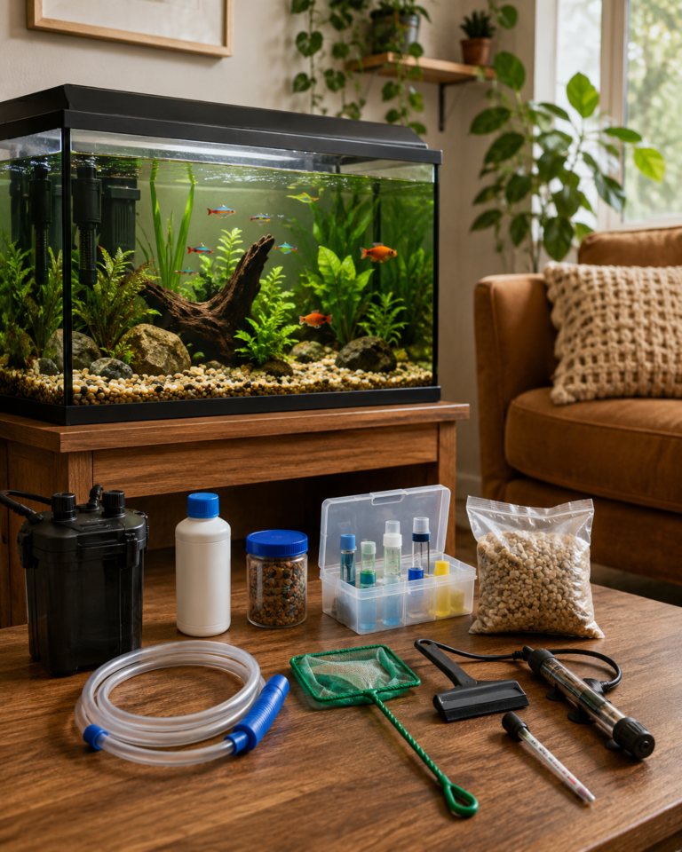 A beginner freshwater aquarium setup with filter, heater, thermometer, water conditioner, fish food, water test kit, gravel vacuum, fish net, algae scraper, plants, gravel, decorations, and colorful fish.