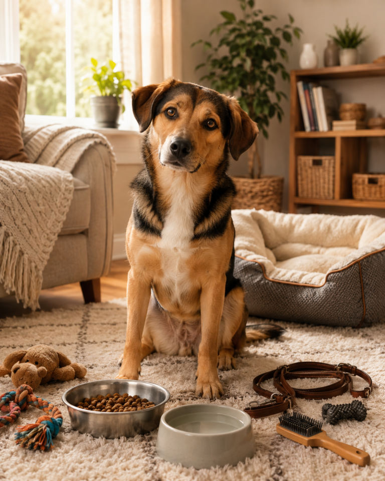 A friendly dog sitting on a soft rug in a cozy living room with a dog bed, leash, food and water bowls, chew toys, and grooming brush for a beginner guide about keeping a dog as a pet.