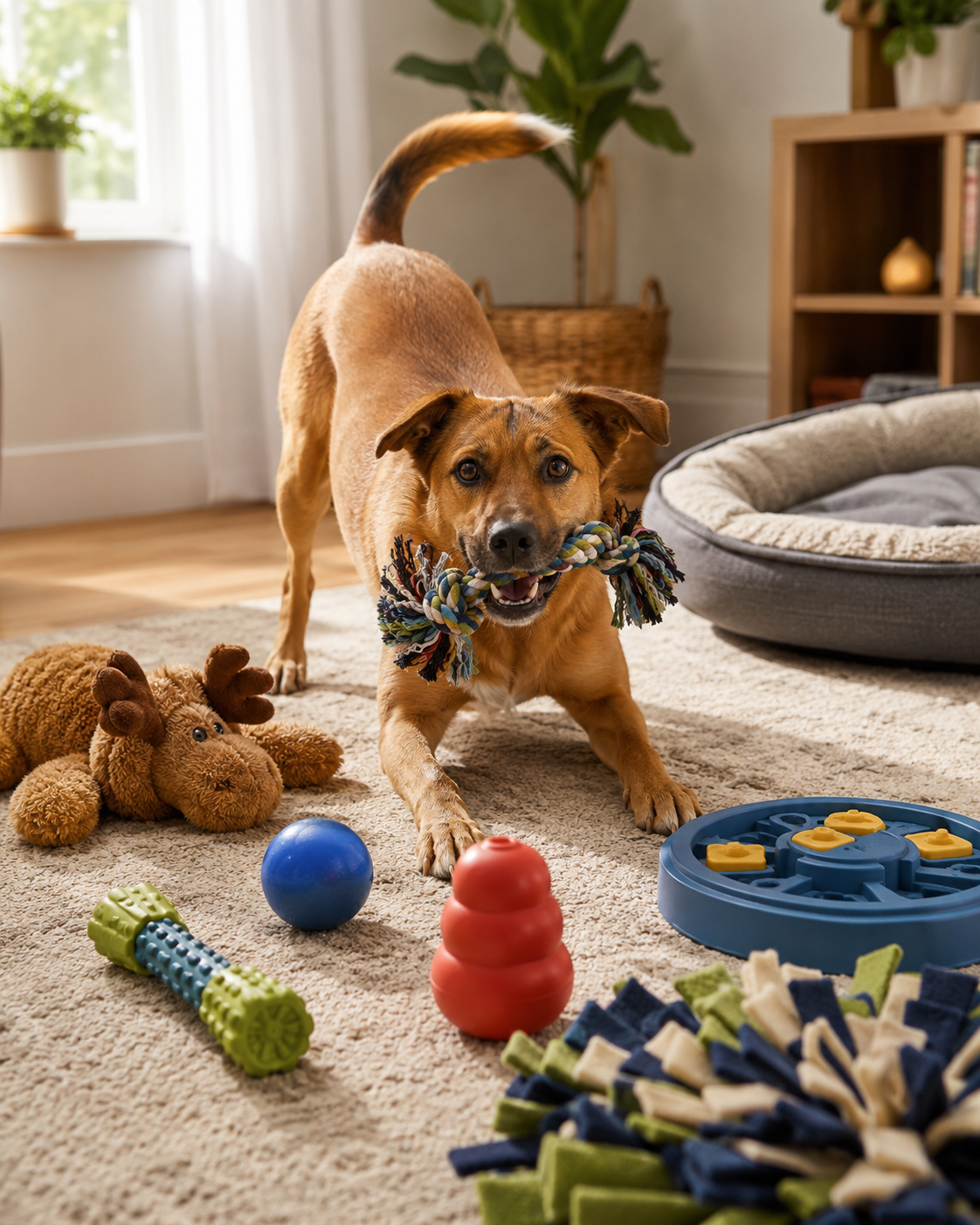 A happy dog playing in a cozy living room with a rope toy, chew toy, puzzle toy, treat-dispensing toy, snuffle mat, plush toy, fetch ball, and dog bed for a guide about the best dog toys for bored dogs.