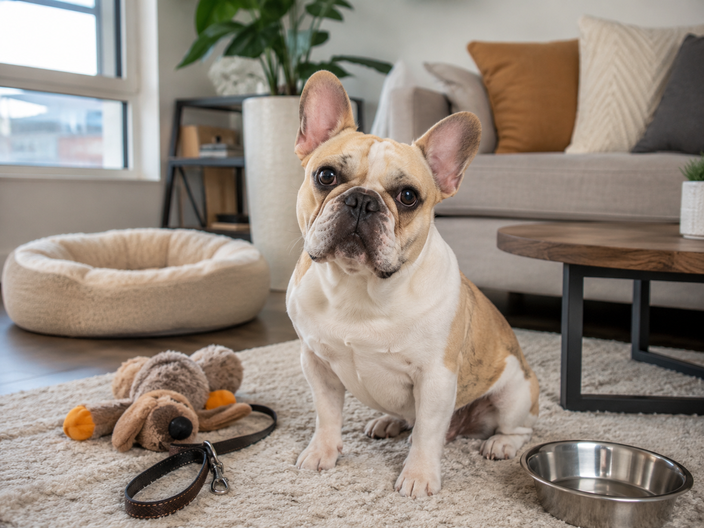 A French Bulldog sitting in a cozy apartment living room with a dog bed, plush toy, leash, and water bowl for a breed guide about whether this small apartment dog is right for you.