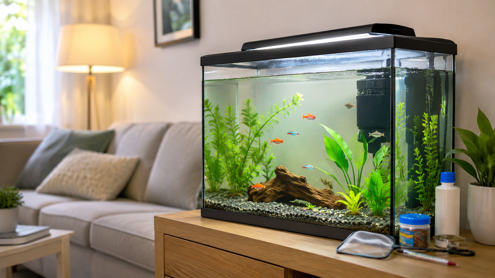 A beginner fish tank setup in a cozy living room with colorful small fish, aquarium plants, filter, light, gravel, water conditioner, fish food, thermometer, and fish net for a guide about first fish tank mistakes.