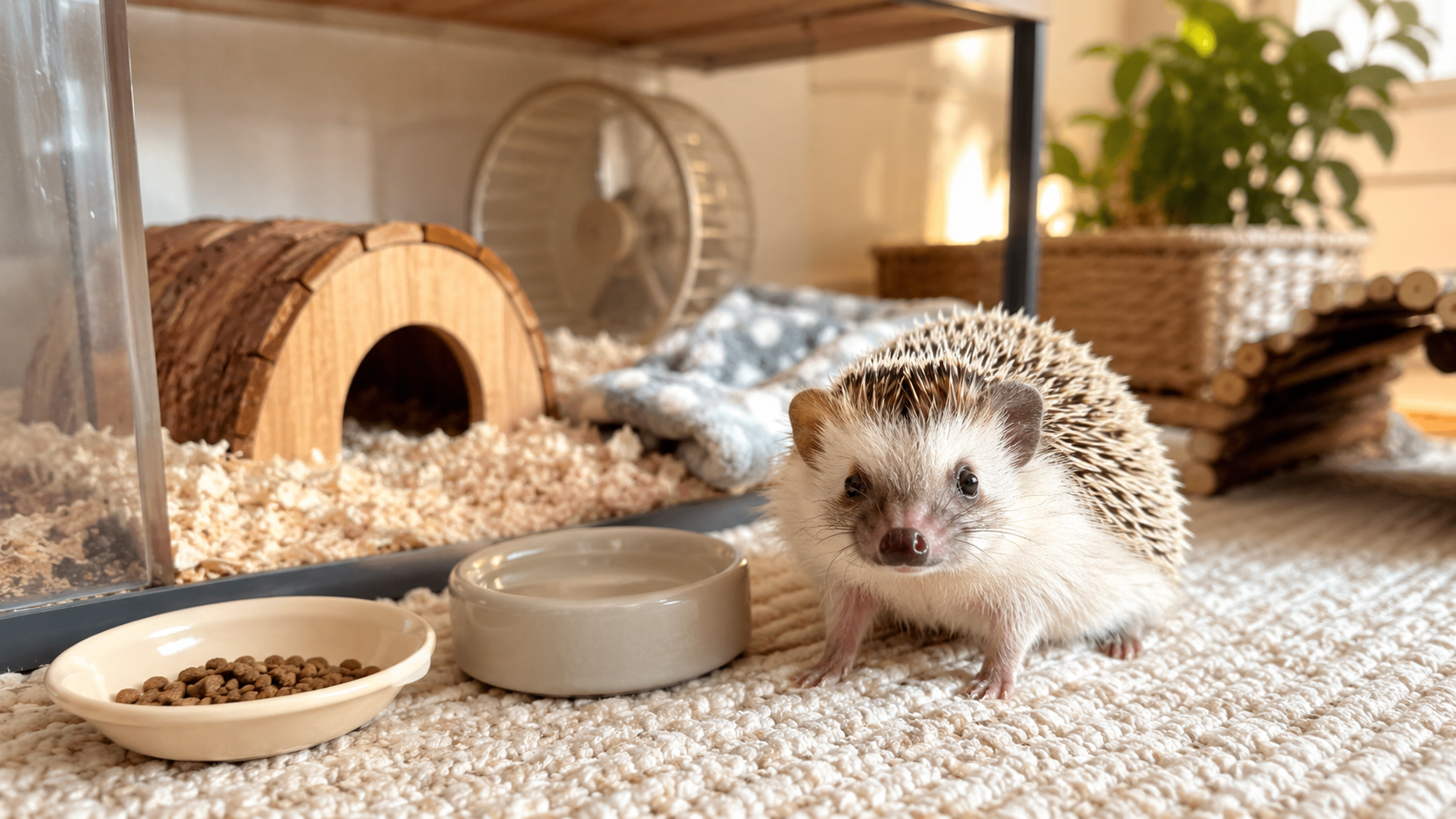 A small hedgehog standing near a cozy habitat setup with bedding, hideout, exercise wheel, food bowl, water bowl, bridge, and warm home lighting for a beginner guide about whether hedgehogs make good pets.