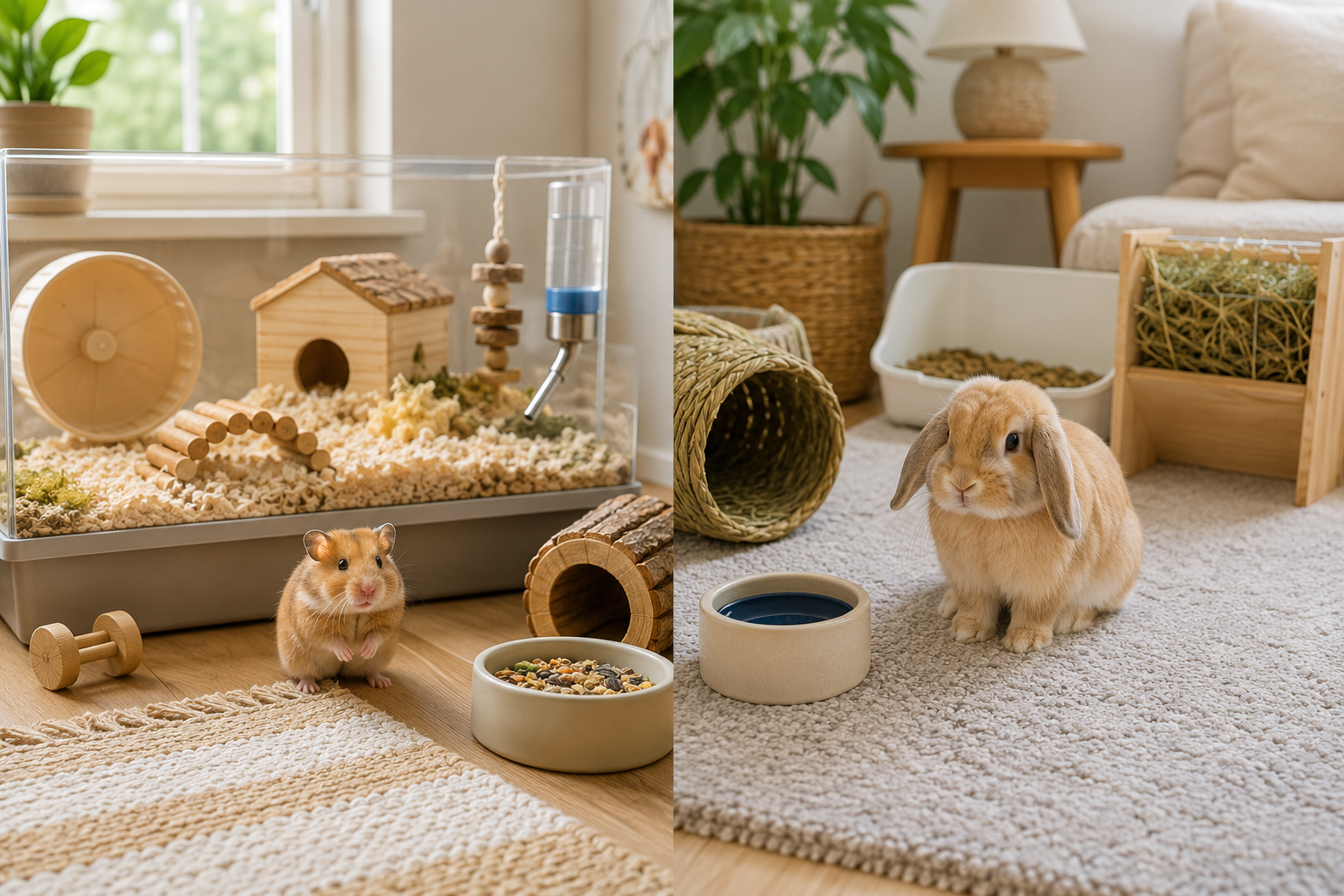 A split scene showing a hamster habitat with wheel, bedding, hideout, food bowl, and water bottle beside a rabbit setup with hay feeder, litter box, tunnel, water bowl, and cozy indoor play area for a hamster vs rabbit comparison guide.