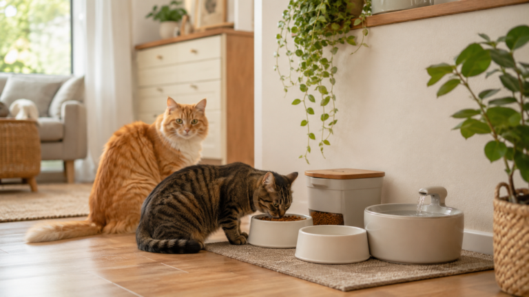 Two indoor cats near a clean feeding station with ceramic food bowls, water fountain, feeding mat, food storage container, and plants in a cozy home for a guide about indoor cat feeding station setup.
