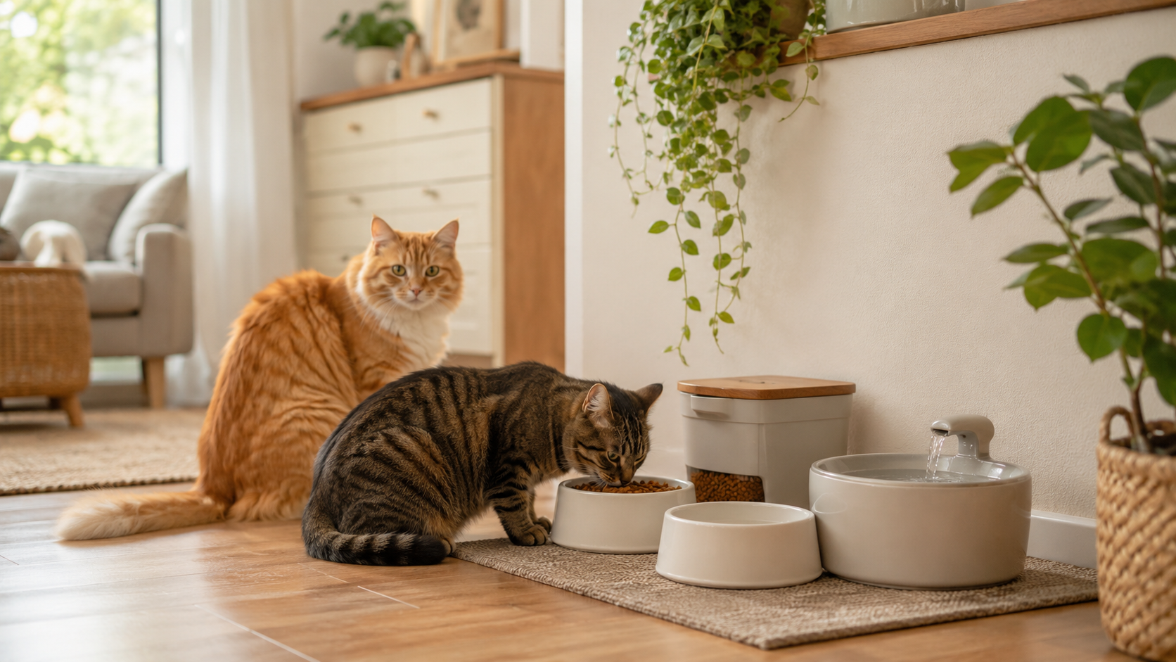 Two indoor cats near a clean feeding station with ceramic food bowls, water fountain, feeding mat, food storage container, and plants in a cozy home for a guide about indoor cat feeding station setup.