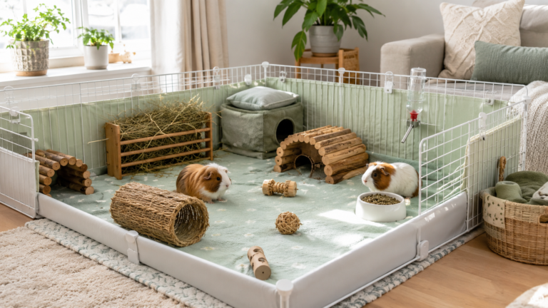 Two guinea pigs in a spacious indoor cage setup with fleece liner, hay rack, hideouts, tunnel, water bottle, food bowl, chew toys, and soft natural light for a beginner guinea pig cage setup guide.