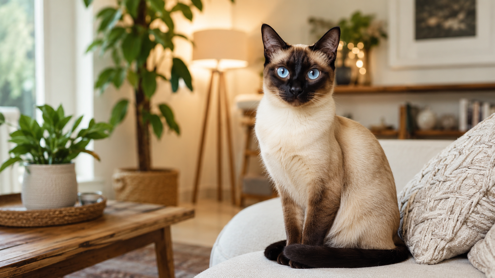 A Siamese cat with bright blue eyes sitting on a cozy sofa in a warm living room with plants, soft pillows, and natural light for a breed guide about whether Siamese cats make good pets.