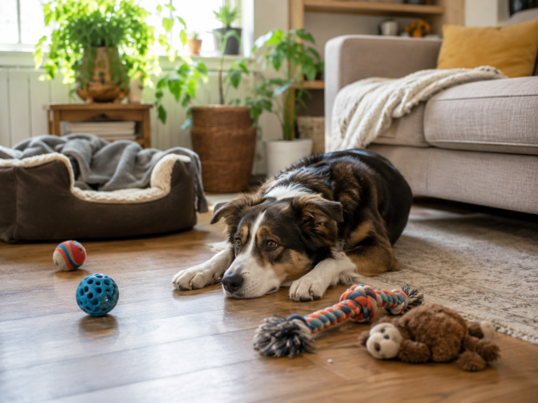 A bored dog lying on a cozy living room floor surrounded by unused balls, rope toys, and plush toys for a guide about dog boredom and common enrichment mistakes.