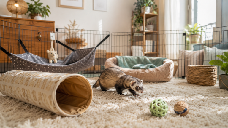 A curious pet ferret exploring a cozy indoor play area with tunnels, hammock, soft bed, toys, bowls, and a secure playpen for a beginner guide about keeping a ferret as a pet.