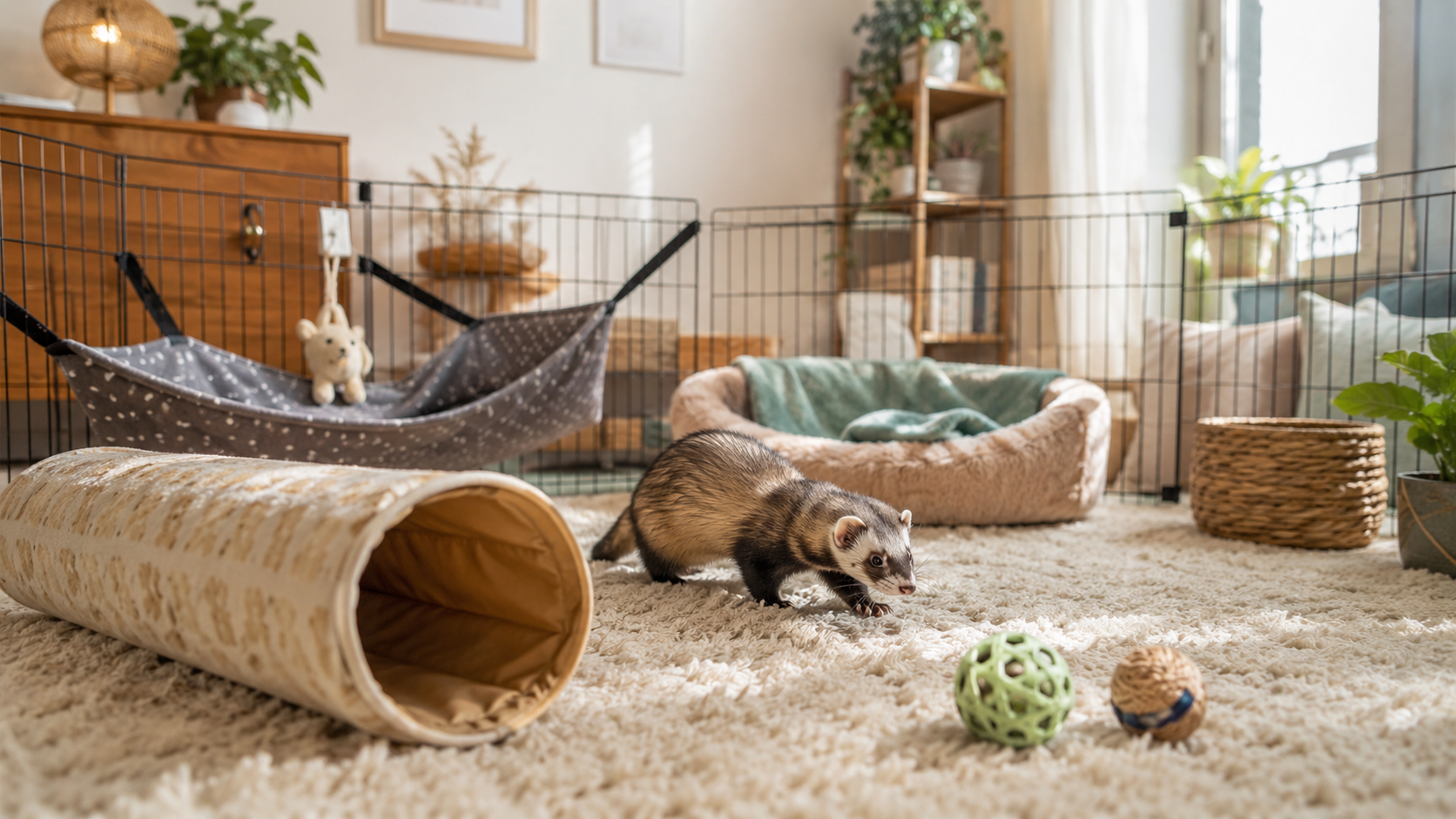A curious pet ferret exploring a cozy indoor play area with tunnels, hammock, soft bed, toys, bowls, and a secure playpen for a beginner guide about keeping a ferret as a pet.