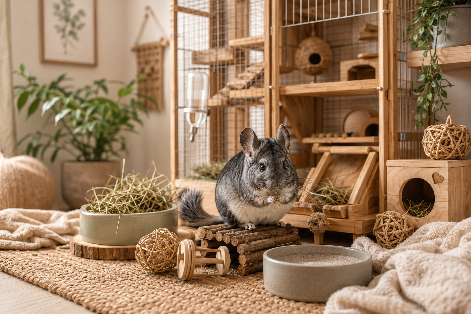 A gray chinchilla in a spacious indoor habitat with wooden platforms, hideout, hay bowl, dust bath, chew toys, and warm natural home decor for a guide about keeping a chinchilla as a pet.