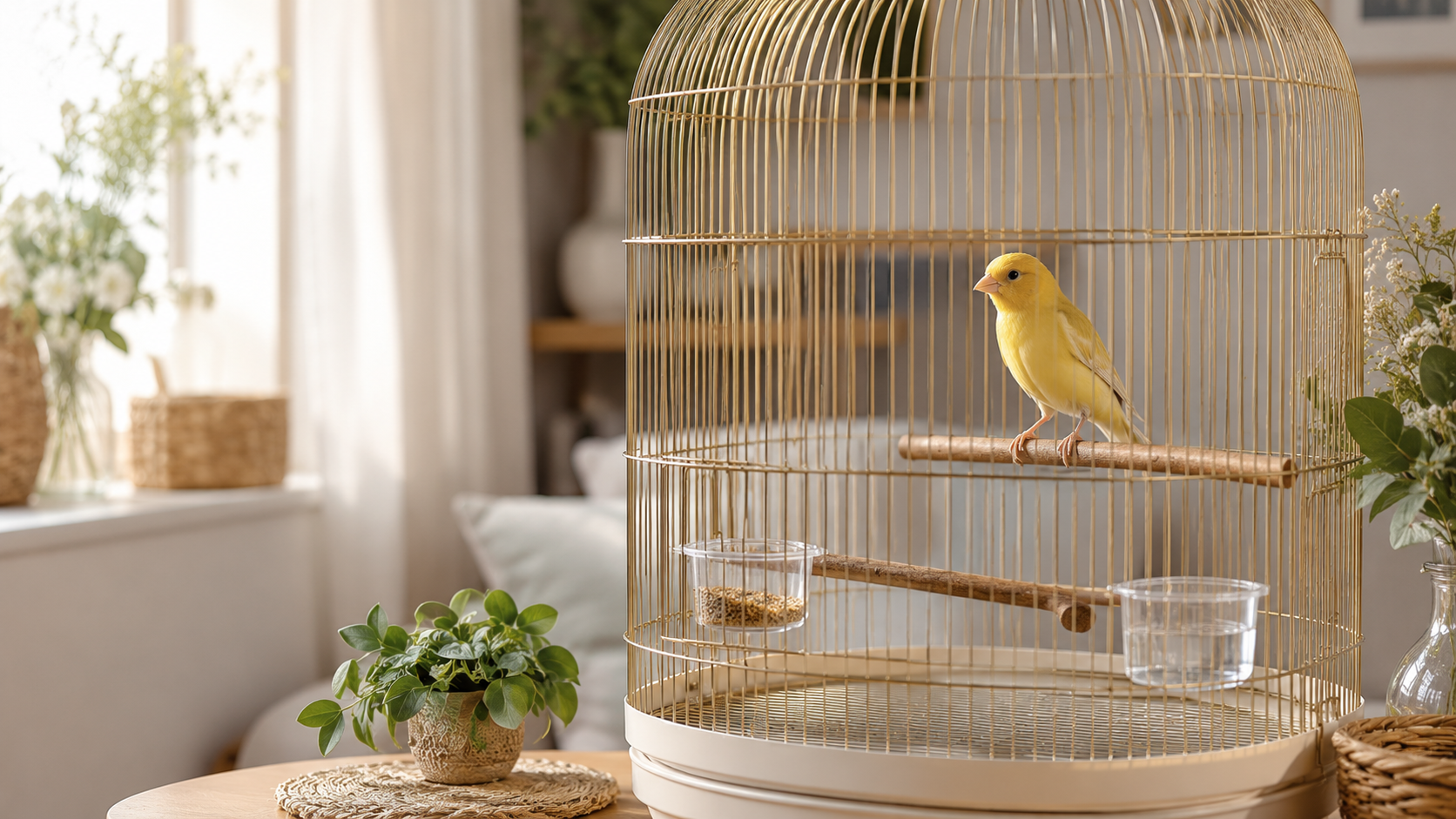 A yellow canary perched inside a clean bird cage in a bright cozy home with natural perches, food cup, water cup, plants, and soft natural light for a guide about keeping a canary as a pet.