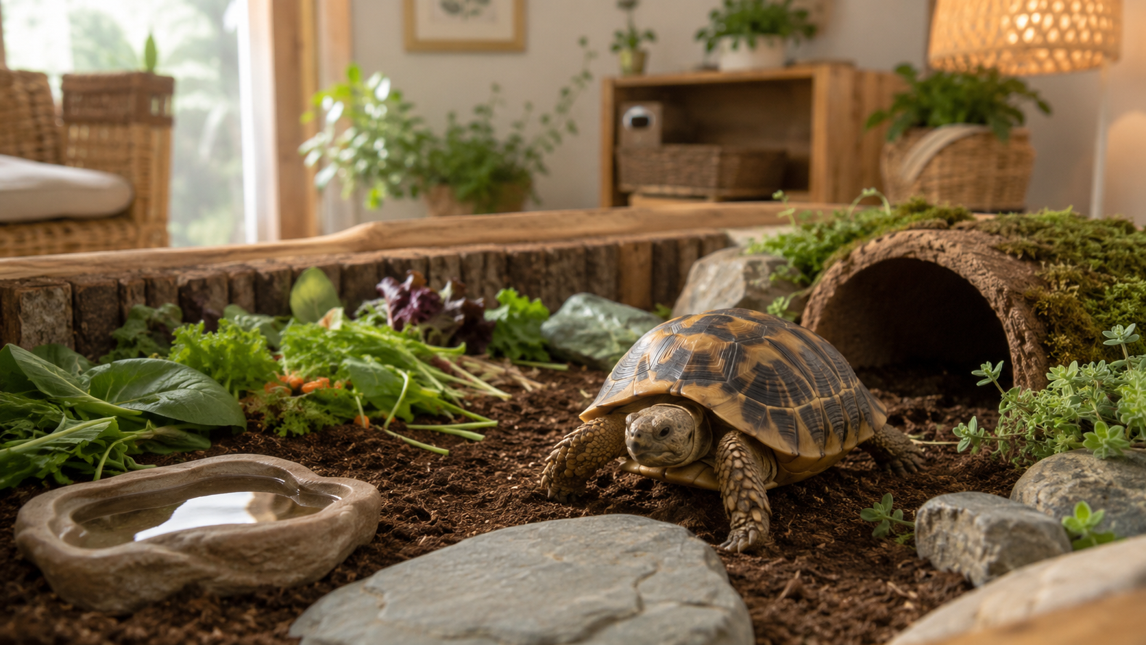 A tortoise walking inside a natural indoor enclosure with soil substrate, rocks, hideout, water dish, leafy greens, plants, and warm lighting for a guide about whether tortoises make good pets.