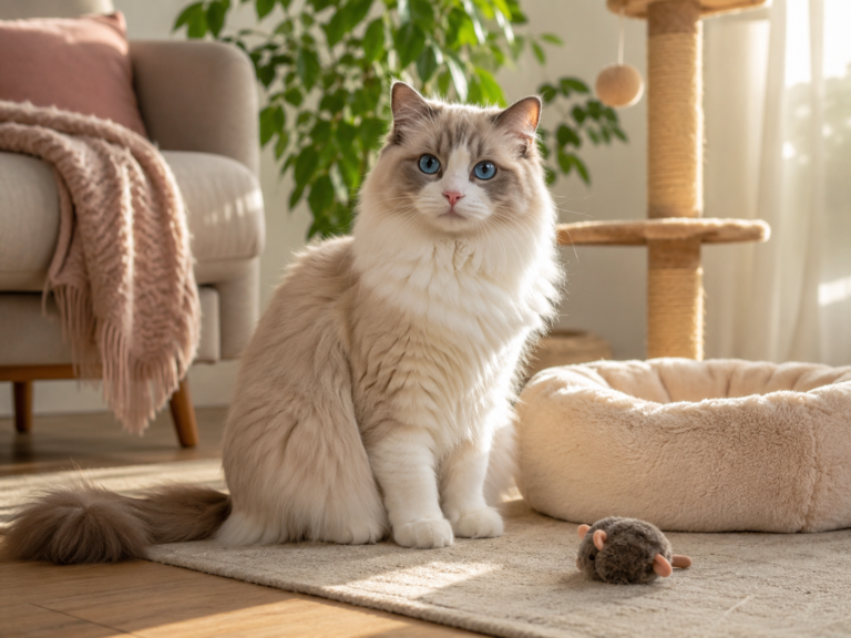 A fluffy Ragdoll cat with blue eyes resting in a cozy bright living room for a breed guide about whether this gentle indoor cat is right for your home.