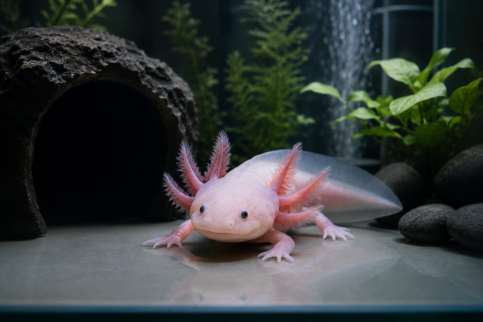 A pink axolotl resting in a clean low-light aquarium with smooth decor, plants, and a hiding cave.