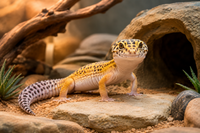 A cute leopard gecko standing in a warm naturalistic terrarium with rocks, a hide, sandy substrate, and soft lighting.