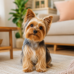 A cute Yorkshire Terrier sitting in a cozy living room with a silky tan and steel-blue coat, alert ears, and a sweet expression.