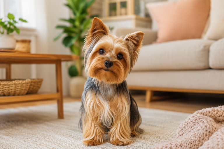 A cute Yorkshire Terrier sitting in a cozy living room with a silky tan and steel-blue coat, alert ears, and a sweet expression.