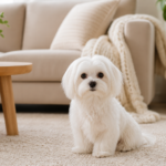 A cute white Maltese dog sitting on a soft beige rug in a cozy living room with warm natural light and neutral home decor.