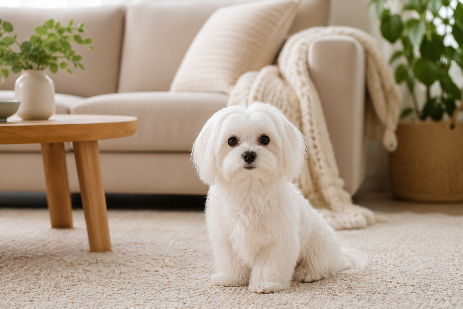 A cute white Maltese dog sitting on a soft beige rug in a cozy living room with warm natural light and neutral home decor.