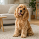 A golden Cocker Spaniel sitting on a soft rug in a cozy living room with long silky ears, expressive eyes, and a friendly family-dog expression.
