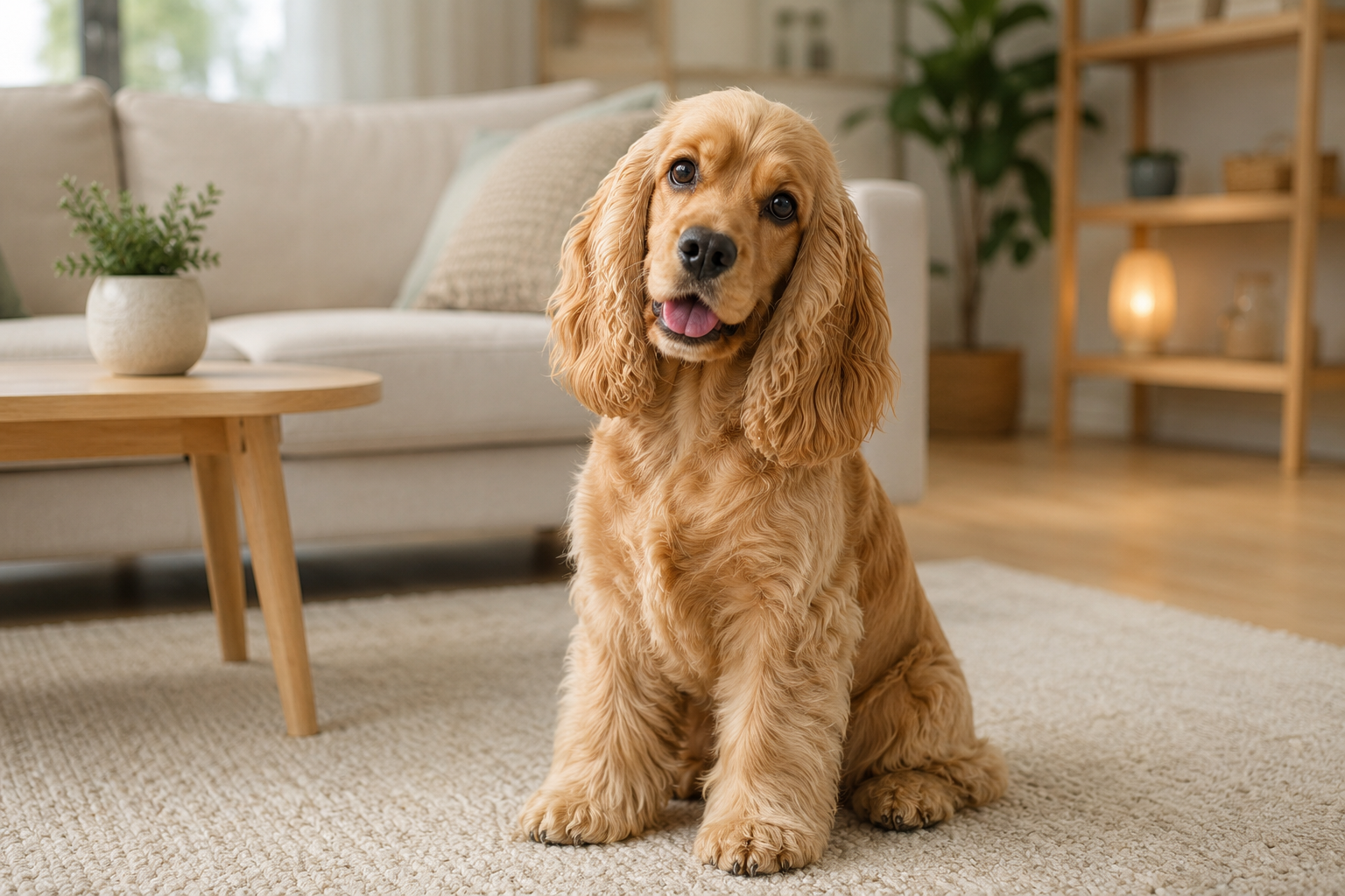 A golden Cocker Spaniel sitting on a soft rug in a cozy living room with long silky ears, expressive eyes, and a friendly family-dog expression.