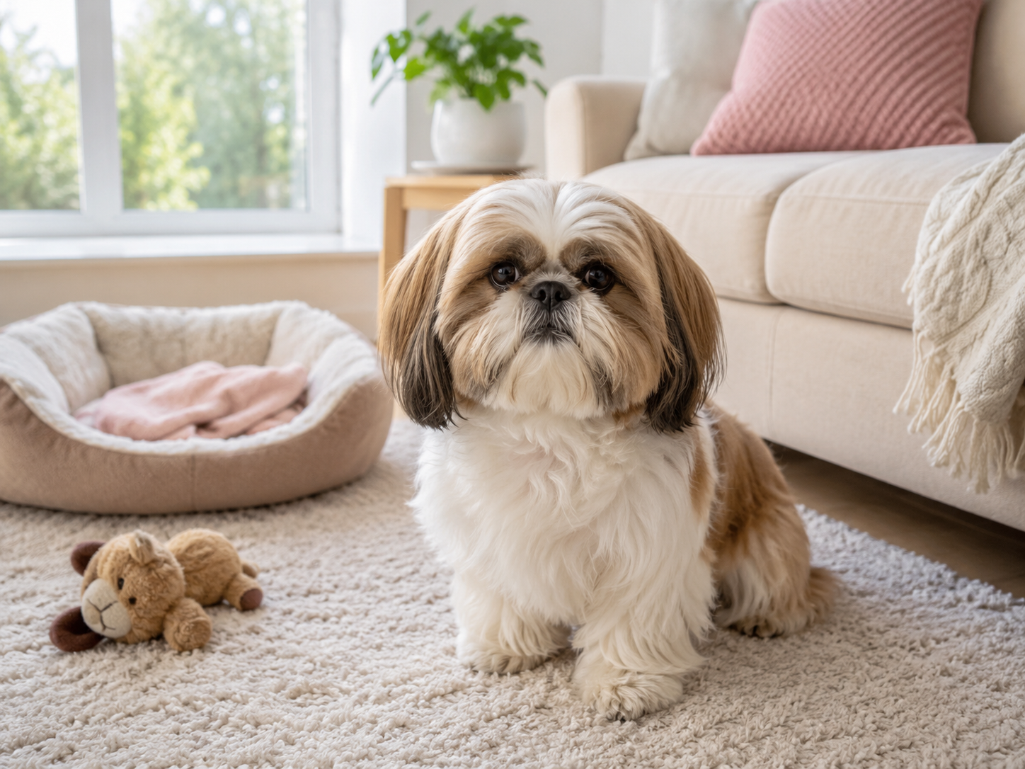 A Shih Tzu sitting in a cozy living room with a dog bed, plush toy, soft rug, and bright window for a breed guide about whether this small companion dog is right for you.
