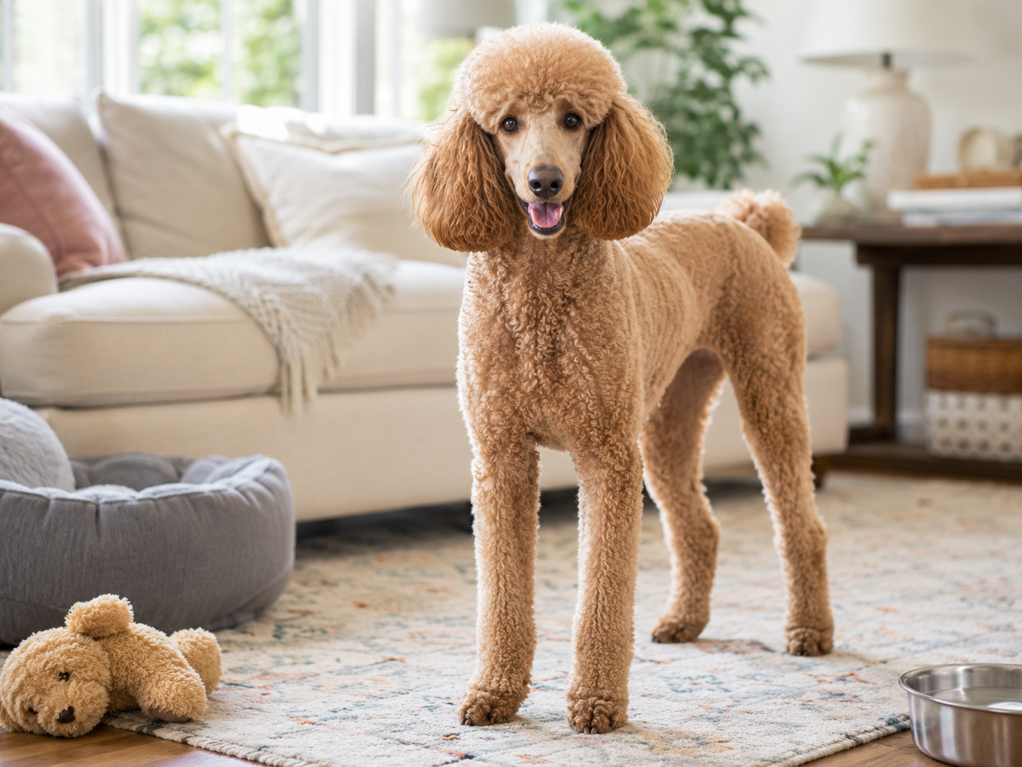 A happy Poodle standing in a cozy living room with a dog bed, plush toy, water bowl, and soft rug for a breed guide about whether this smart family dog is right for you.