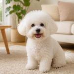 A cheerful white Bichon Frise sitting on a soft beige rug in a cozy living room with a fluffy curly coat and happy expression.