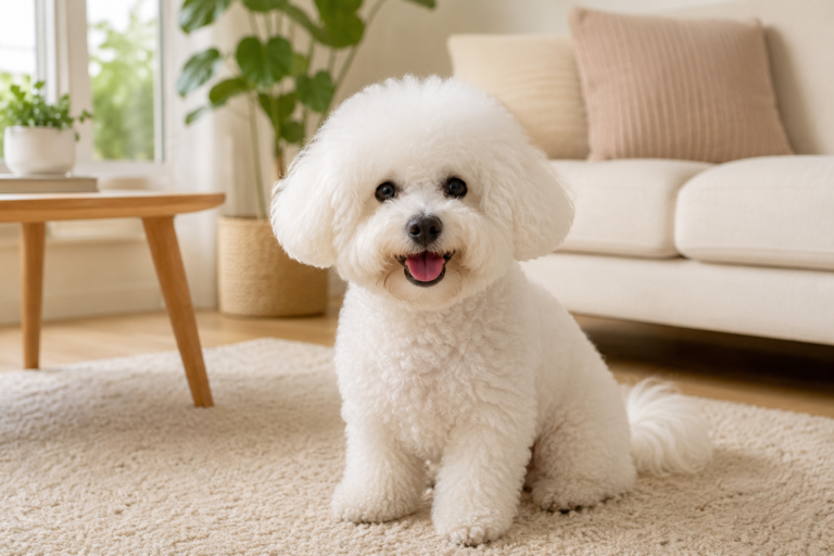 A cheerful white Bichon Frise sitting on a soft beige rug in a cozy living room with a fluffy curly coat and happy expression.