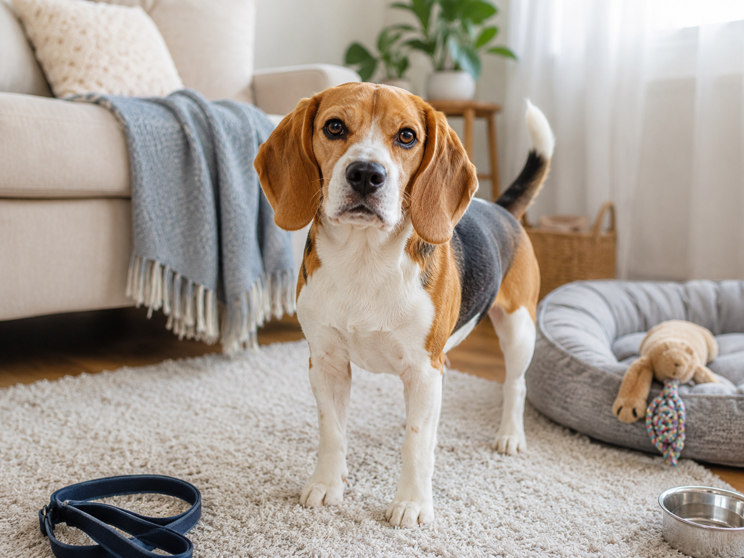 A Beagle standing in a cozy living room with a dog bed, leash, plush toy, and water bowl for a breed guide about whether this curious family dog is right for you.