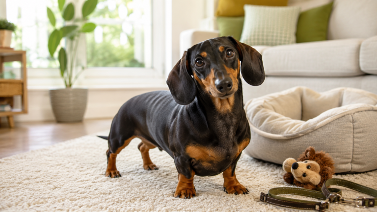 A black and tan Dachshund standing in a cozy bright living room with a dog bed, leash, plush toy, and soft rug for a breed guide about whether this small dog with a big personality is right for you.