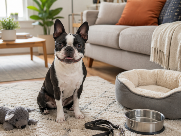 A black and white Boston Terrier sitting in a cozy living room with a dog bed, leash, water bowl, plush toy, and soft rug for a breed guide about whether this funny small dog is right for you.