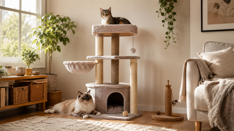 Two indoor cats relaxing around a large beige cat tree in a cozy bright living room with scratching posts, perches, plants, and soft natural light for a guide about choosing the best cat trees for indoor cats.