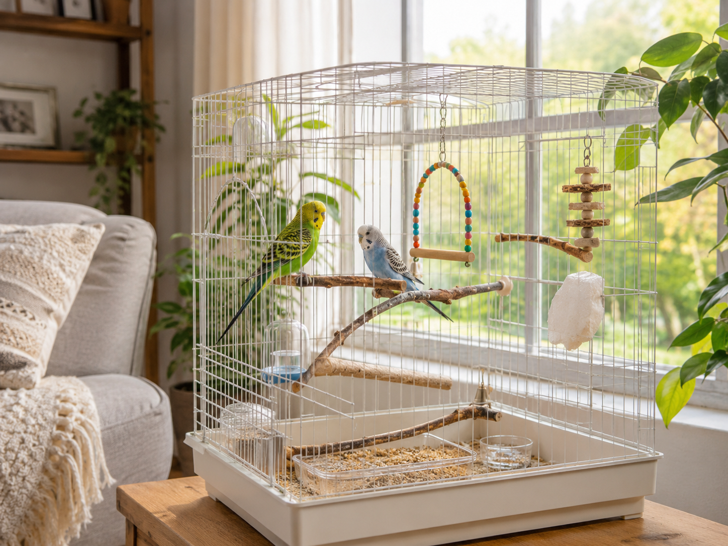 Two budgies inside a bright roomy cage near a window with natural perches, food and water bowls, safe bird toys, a cuttlebone, cage liner, and cozy home decor for a beginner budgie cage setup guide.