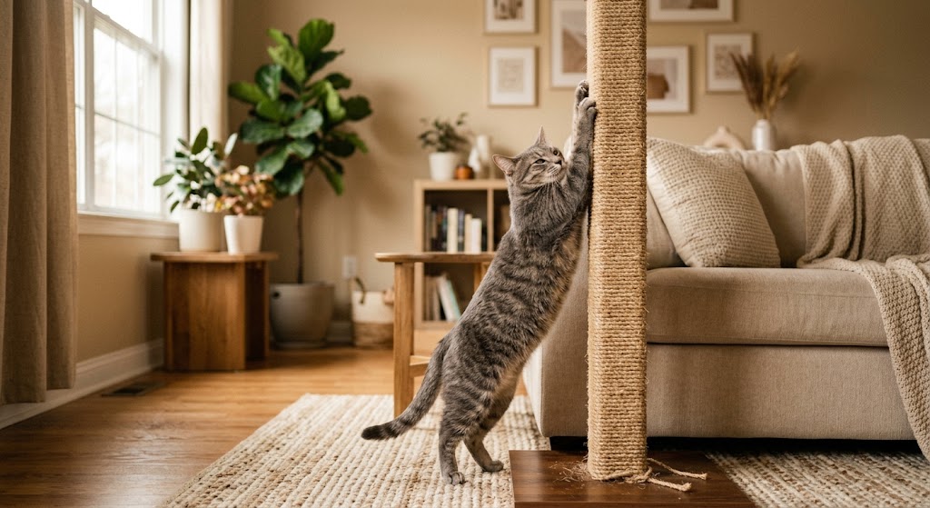 A gray tabby cat scratching a tall sisal scratching post next to a couch in a cozy living room