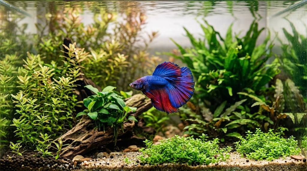 A betta fish as a pet swimming in a planted aquarium with flowing fins